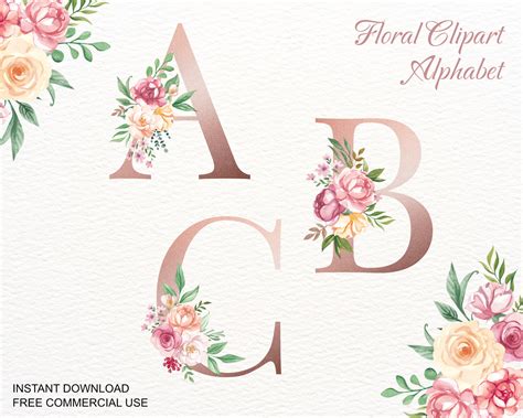 Watercolor Floral Alphabet Clipart, Monogram Initials PNG, Boho Letters ...