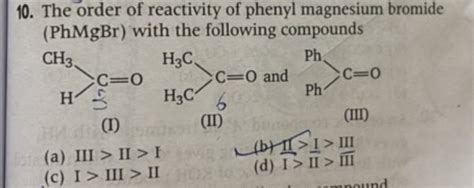 The order of reactivity of phenyl magnesium bromide ( PhMgBr)withthefollo..