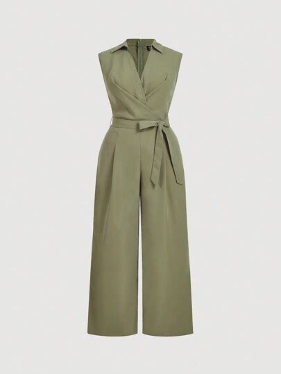 SHEIN MOD Green V-Neck Lapel Tie-Waist Sleeveless ,Belt Bowknot,Plus ...