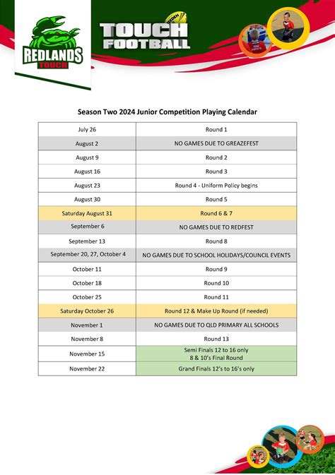 Junior Season Calendar — Redlands Touch Association