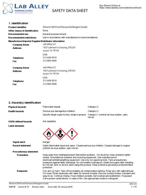 200 Proof Ethanol Denatured Safety Data Sheet SDS | PDF | Firefighting ...