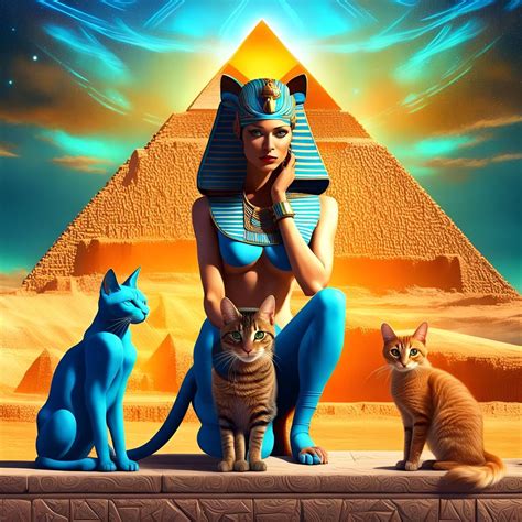 The goddess Bastet and her beautiful cats in front of the Egyptian pyramids 8k resolution ...
