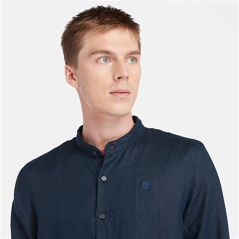 Mill Brook Linen Korean Collar Shirt for Men in Dark Blue