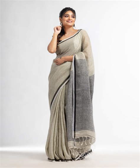 Sage green handwoven bengal linen saree – GoCoop