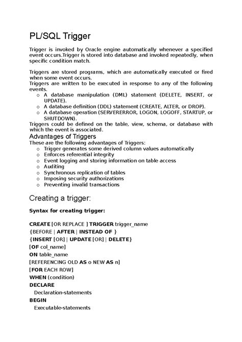 Trigger Topic - notes for dbms - PL/SQL Trigger Trigger is invoked by ...
