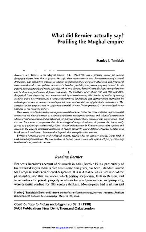 SJ Tambiah - What did Bernier actually say Profiling the Mughal empire ...