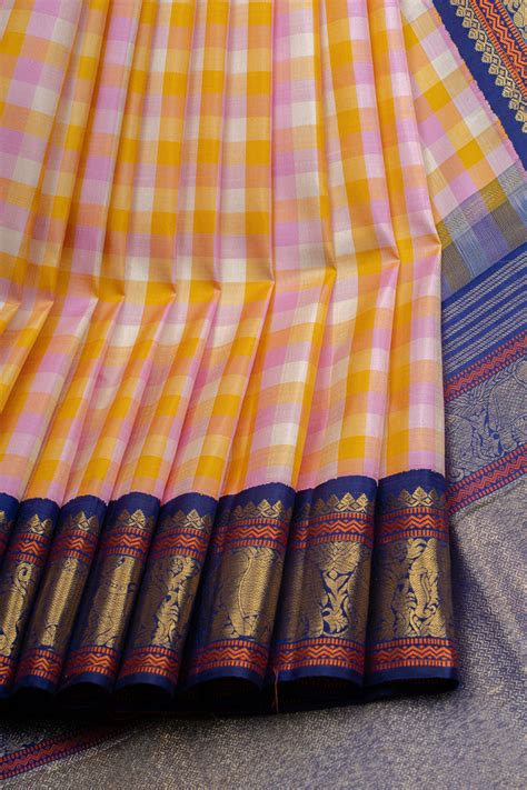 Pink and blue vintage checks pure kanchipuram silk saree – Clio Silks