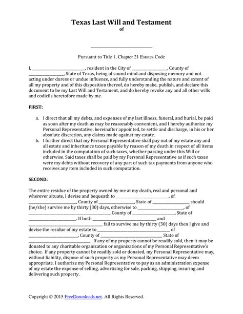 printable will and testament form