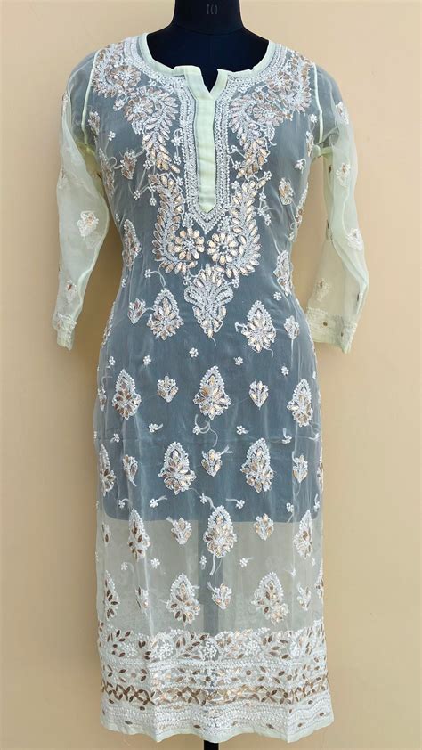Lucknowi Chikankari Kurti Lemon Yellow Faux Georgette With Gotta Patti ...