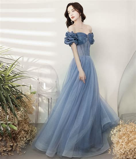 Blue Tulle Off the Shoulder Floor Length Prom Dress · Little Cute ...