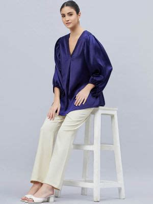 Buy First Resort by Ramola Bachchan Navy Blue V-neck Embellished Satin ...