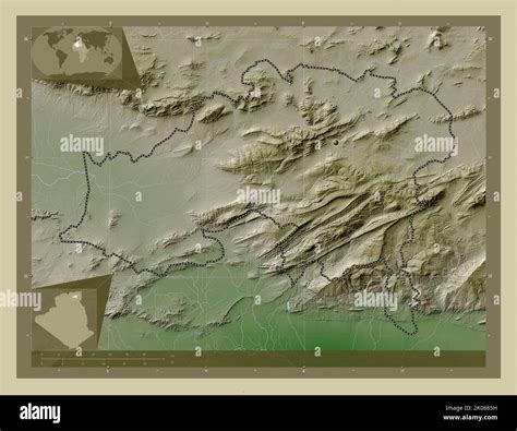 Batna, province of Algeria. Elevation map colored in wiki style with lakes and rivers. Corner ...