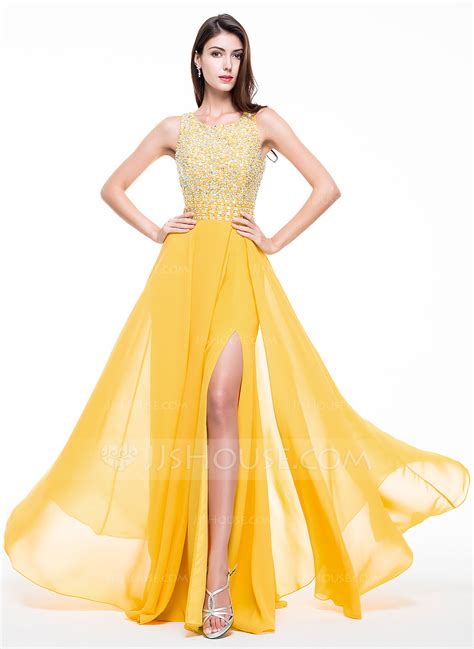 Scoop Neck Floor-Length Chiffon Prom Dresses With Beading Sequins Split ...