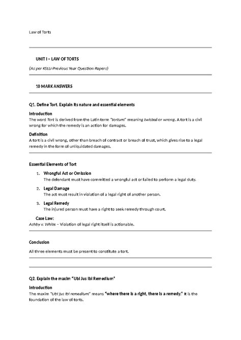 Law of Torts Q&A Exam Notes (KSLU) - 10 Mark Answers - Studocu
