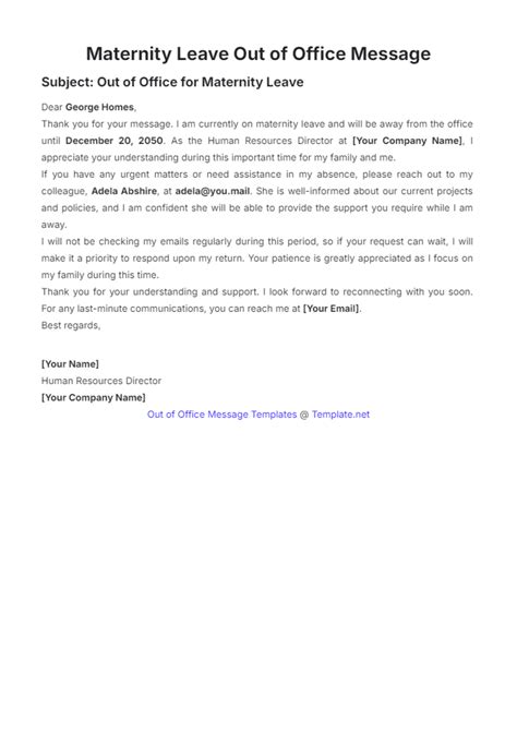 Free Maternity Leave Out of Office Message Template to Edit Online