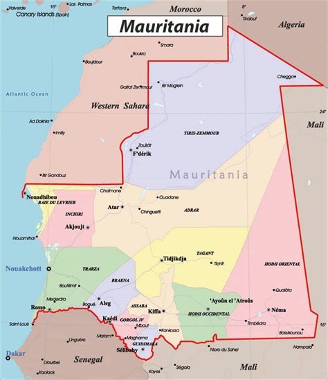 Detailed political and administrative map of Mauritania with roads and major cities | Mauritania ...