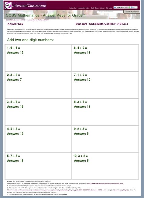Answer Key Download - Worksheet #6996. CCSS.Math.Content.1.NBT.C.4