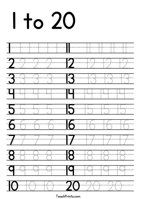 Tracing Numbers 1-20 Worksheets (Free Printable Pdfs) - Teach Prints
