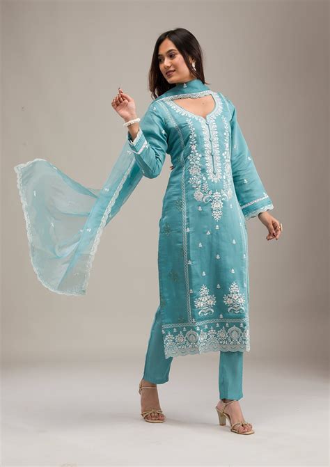 Buy Sky Blue Threadwork Cotton Readymade Salwar Suit - Koskii