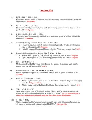 Image result for Stoichiometry Practice Problems Answer Key