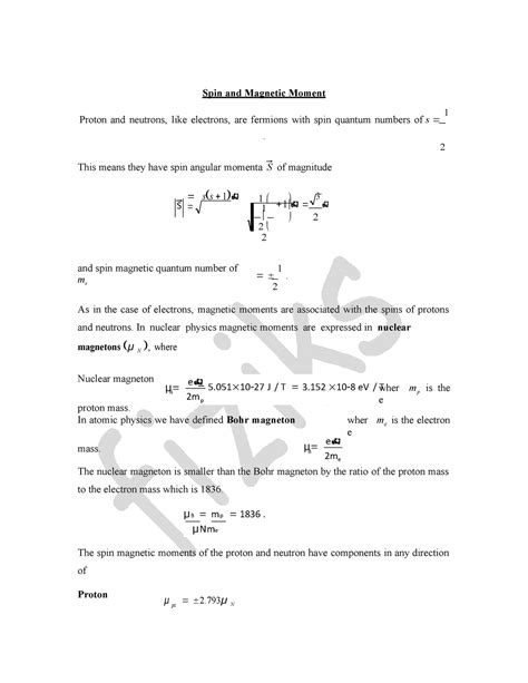 Physics Spin and Magnetic Moment - S μ N e 2m 5 10 27 J / T 3 10 8 eV ...