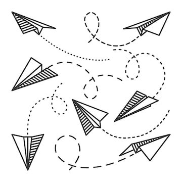 Various hand drawn paper planes black doodle airplanes with dotted ...