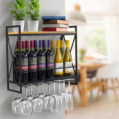 Fine Wood HUB Metal Wine Bottle Stemware Glass Rack for Home | Wall ...