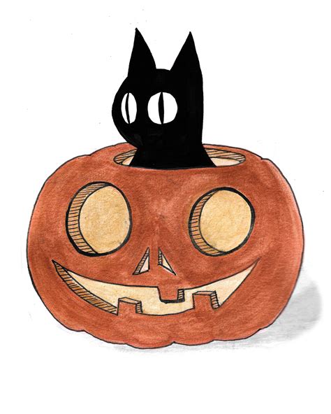 Halloween Pumpkin Black Cat Illustration Inktober Drawing | Cute ...
