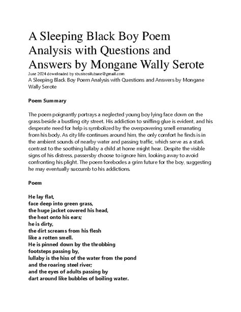 A Sleeping Black Boy Poem Analysis with Questions and Answers by ...