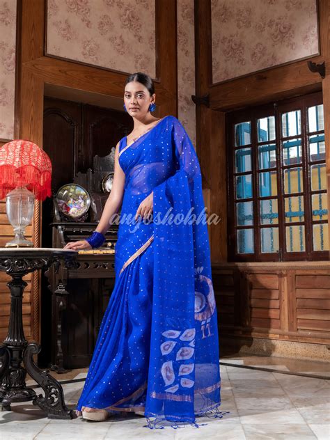Blue Silk Handloom Jamdani Saree – angoshobha