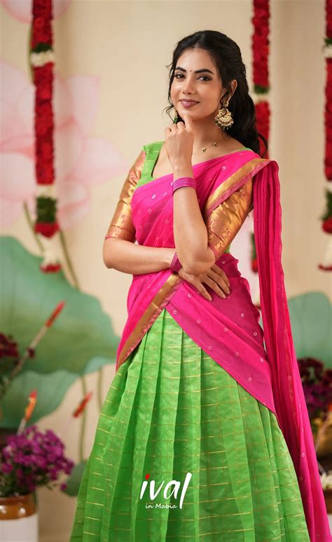 Izhaiyini Organza Halfsaree - Parrot Green and Bright Pink – Ivalinmabia