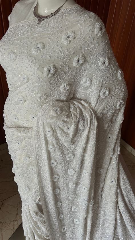 Ruhani Off White Chikankari Pearl and Sequins Masterpiece Saree