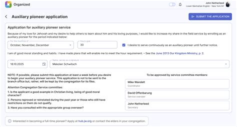 Submit auxiliary pioneer application | Organized | User guide