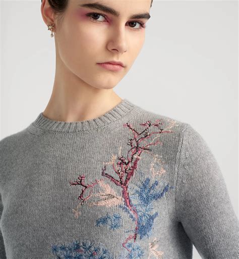 Embroidered Sweater Gray Cashmere Knit with Multicolor Dior Pine Tree ...
