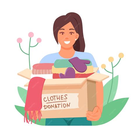Smiling female holding box with clothes donation help and care for ...
