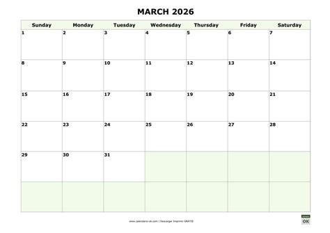 Plantilla Calendario 【MARZO 2026】 para IMPRIMIR PDF
