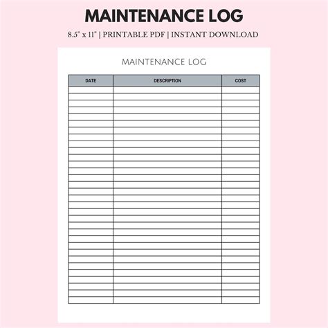 Maintenance Log | 8.5" X 11" Instant Download Printable - Etsy