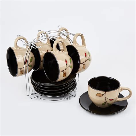 Buy Caraway Set of 6 Stoneware Cups and Saucers with Stand - 220ml from ...