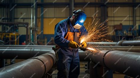 A pipefitter welding pipes in an industrial setting | Premium AI-generated image