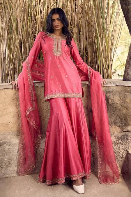 Buy Pink Kurta And Sharara Chanderi Embroidery Floral Notch Set For ...