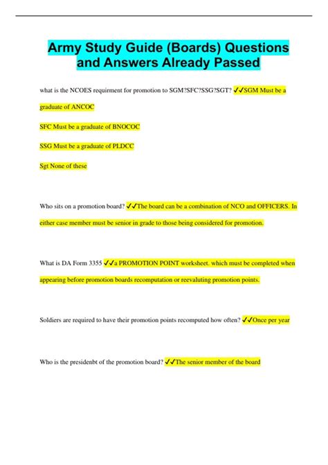 Army Study Guide (Boards) Questions and Answers Already Passed ...