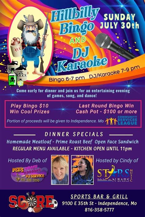 Hillbilly Bingo w/ DJ and Karaoke at Score!, Score Sports Bar & Grill ...