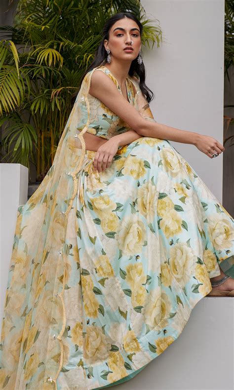 AZRA AQUA FLORAL PRINTED FLORAL LEHENGA WITH FLORAL PRINTED BLOUSE AND ...