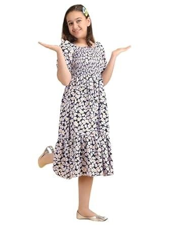 Buy Oxymate-Girls Floral Print Square Neck Puff Sleeves A-Line Midi ...