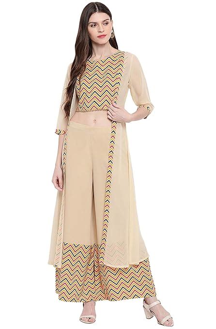 Buy Janasya Women's Poly Crepe Chevron/Zig Zag Crop Top with Palazzo ...