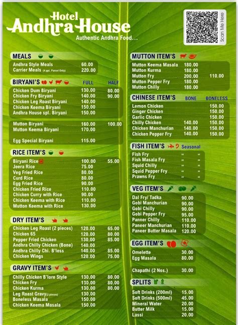 Menu at Andhra House, Mangaluru