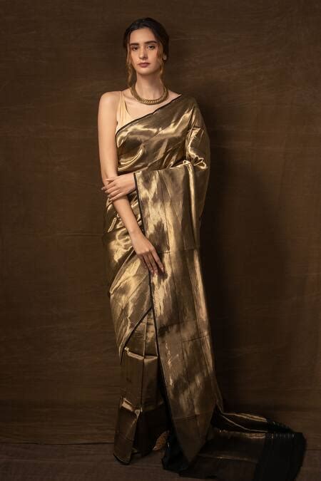 Buy Gold Silk Embroidery Striped Border Woven Banarasi Saree With ...