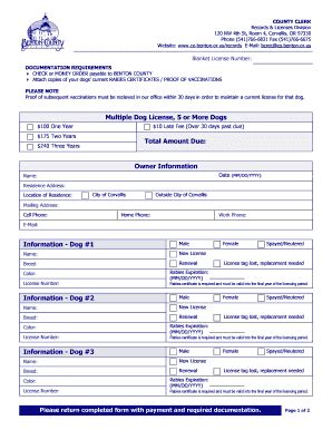 Fillable Online co benton or Owner Information Information - Dog #1 ...