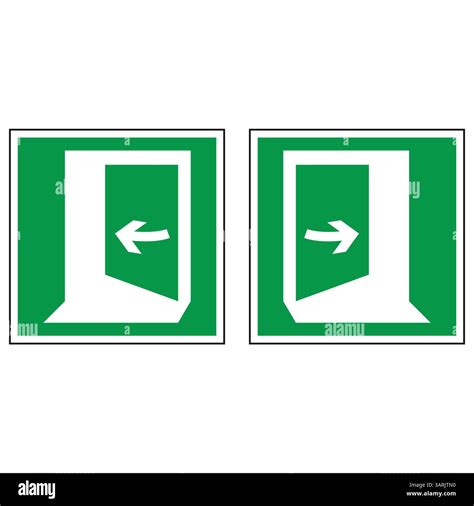 Green and white emergency exit signs showing arrows indicating opening ...