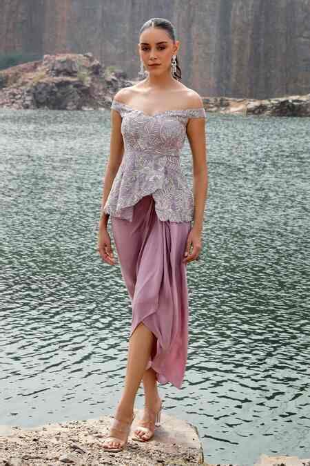 Buy Grey Peplum Top Organza Embroidery Dori Orchid Bloom Work With ...